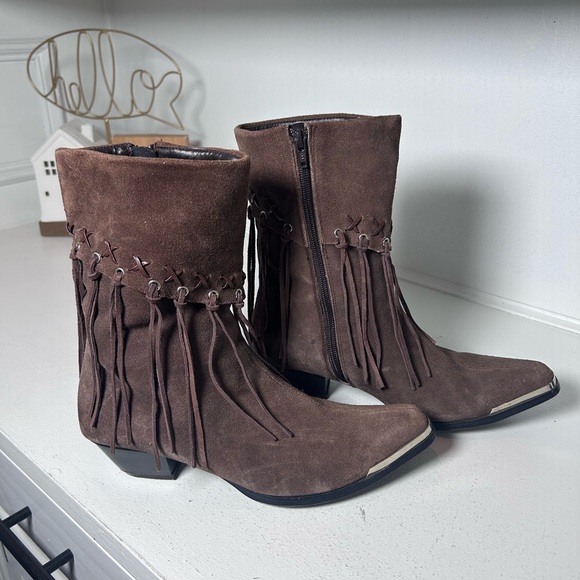 Oak Tree Farms Brown Suede Fringe Ankle Boots Women’s 8.5 Western Boho Side Zip - Picture 2 of 8